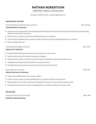 Certified Medical Technician Resume