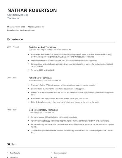 Certified Medical Technician Resume
