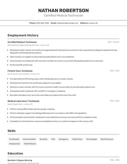 Certified Medical Technician Resume