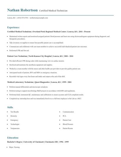 Certified Medical Technician Resume