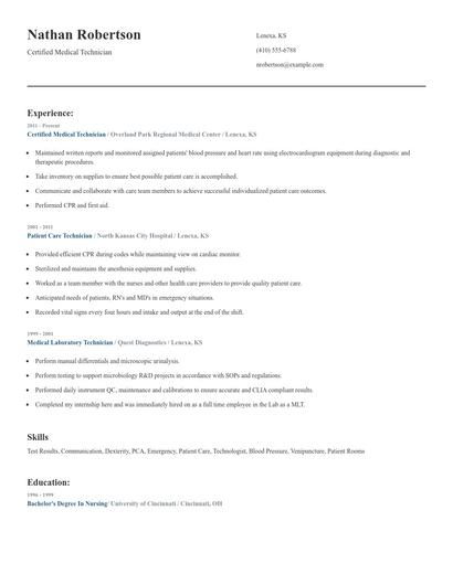 Certified Medical Technician Resume