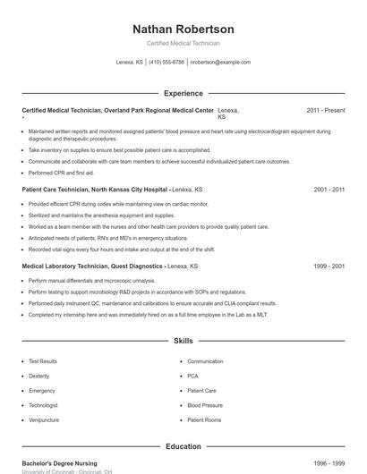 Certified Medical Technician Resume