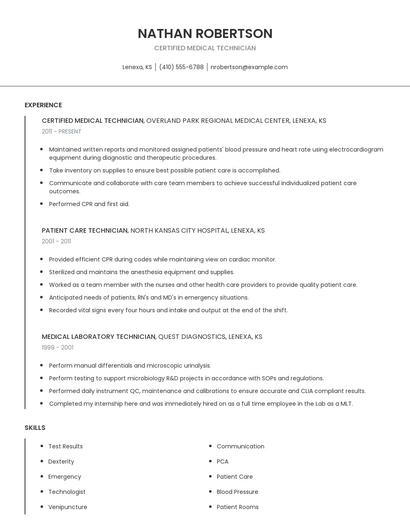 Certified Medical Technician Resume