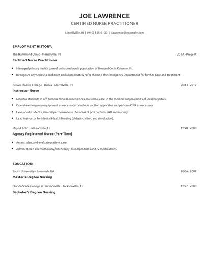 Certified Nurse Practitioner Resume