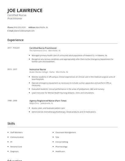 Certified Nurse Practitioner Resume
