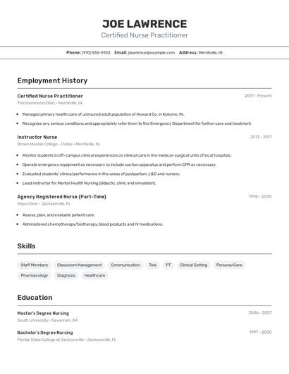 Certified Nurse Practitioner Resume