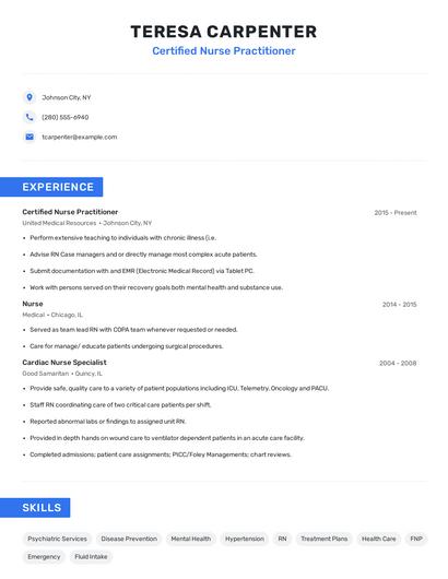 Certified Nurse Practitioner Resume