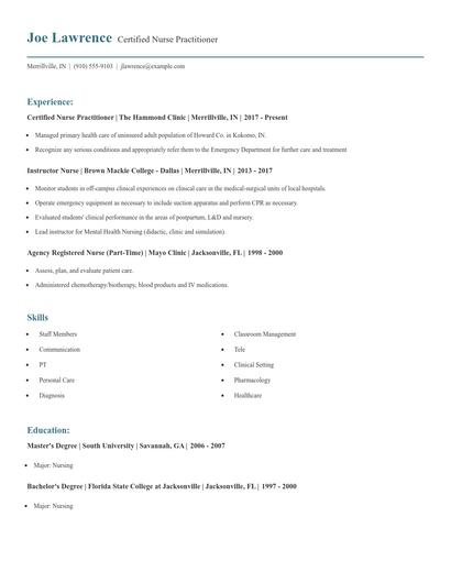 Certified Nurse Practitioner Resume
