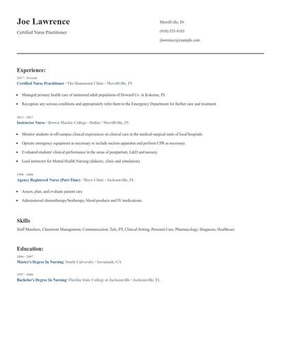 Certified Nurse Practitioner Resume