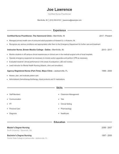 Certified Nurse Practitioner Resume