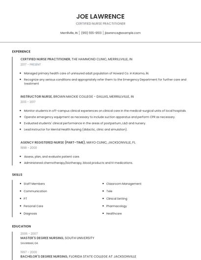Certified Nurse Practitioner Resume