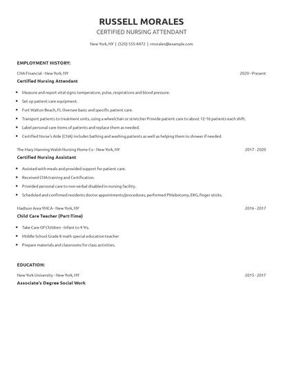 Certified Nursing Attendant Resume