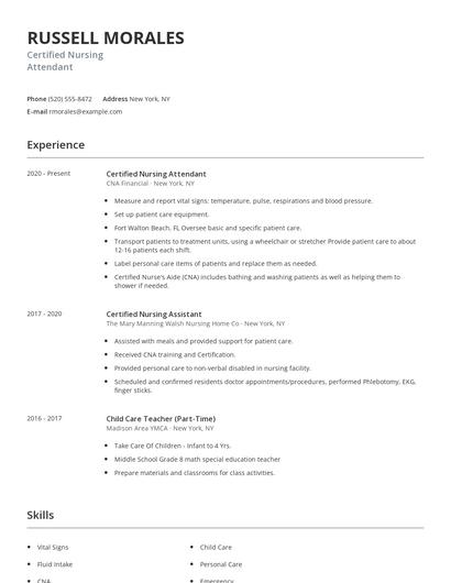 Certified Nursing Attendant Resume
