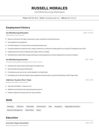 Certified Nursing Attendant Resume