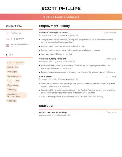 Certified Nursing Attendant Resume