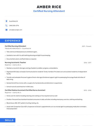Certified Nursing Attendant Resume