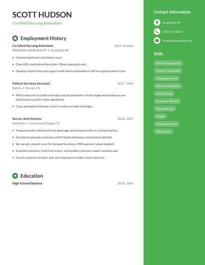 Certified Nursing Attendant Resume