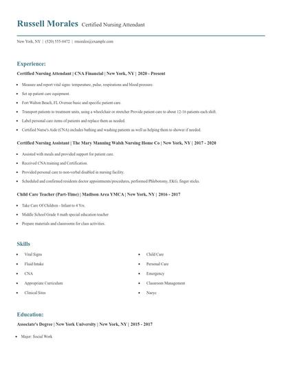 Certified Nursing Attendant Resume