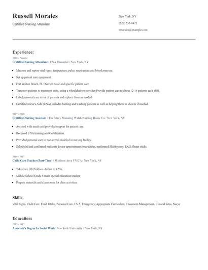 Certified Nursing Attendant Resume