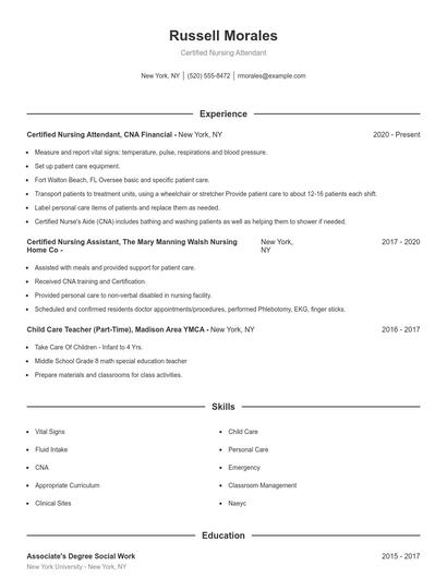Certified Nursing Attendant Resume