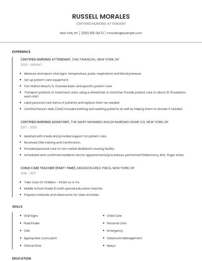 Certified Nursing Attendant Resume