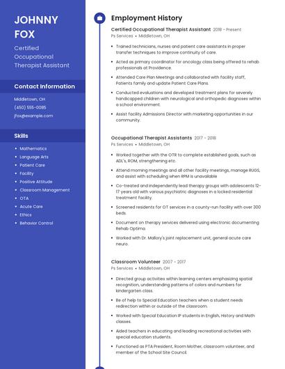 Certified Occupational Therapist Assistant Resume