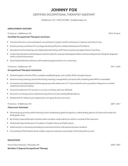Certified Occupational Therapist Assistant Resume