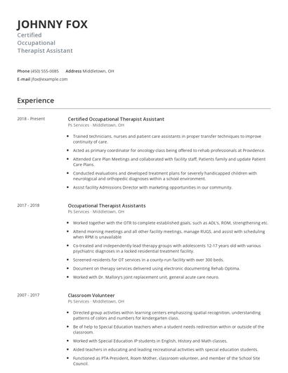 Certified Occupational Therapist Assistant Resume