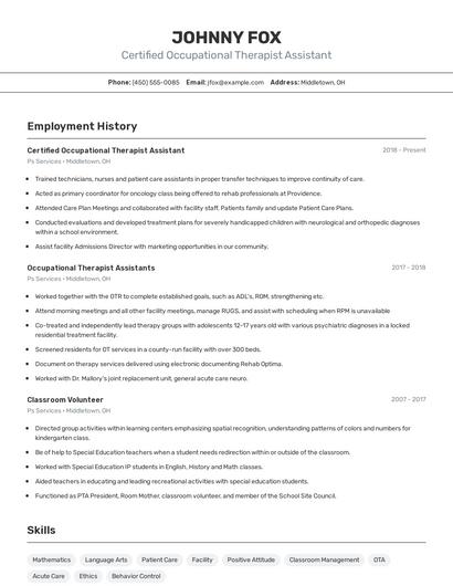 Certified Occupational Therapist Assistant Resume