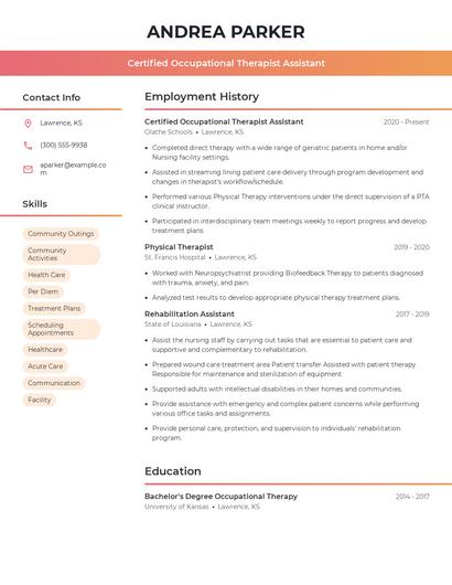 Certified Occupational Therapist Assistant Resume