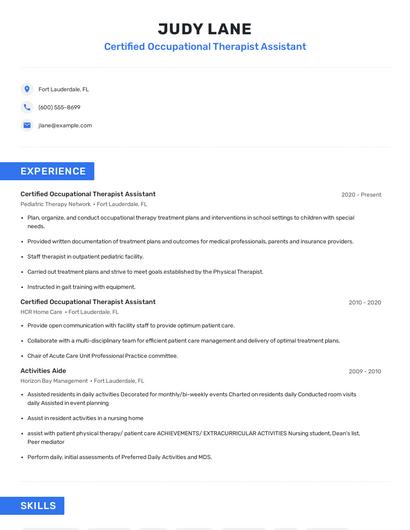 Certified Occupational Therapist Assistant Resume