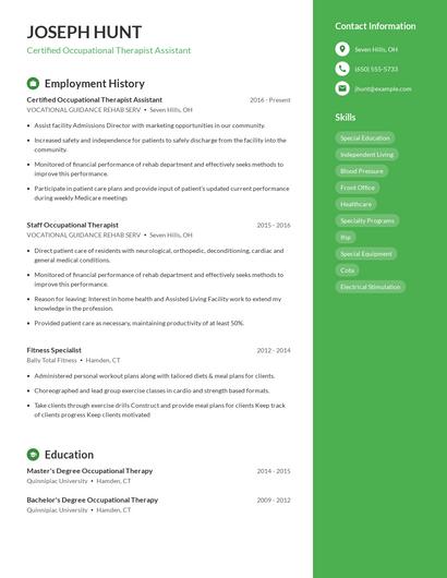 Certified Occupational Therapist Assistant Resume