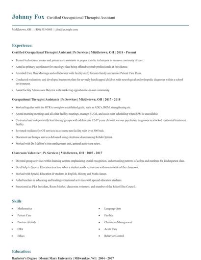 Certified Occupational Therapist Assistant Resume
