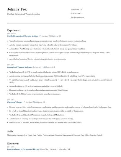 Certified Occupational Therapist Assistant Resume