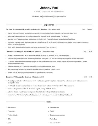 Certified Occupational Therapist Assistant Resume