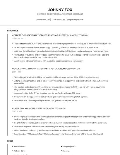 Certified Occupational Therapist Assistant Resume