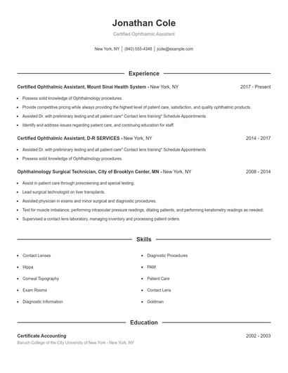 Certified Ophthalmic Assistant Resume
