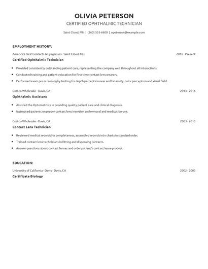 Certified Ophthalmic Technician Resume