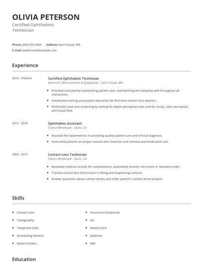 Certified Ophthalmic Technician Resume