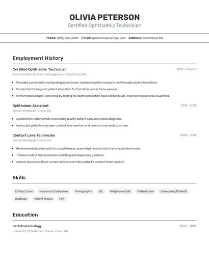 Certified Ophthalmic Technician Resume