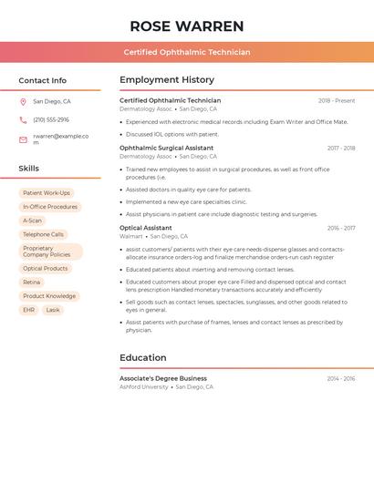 Certified Ophthalmic Technician Resume