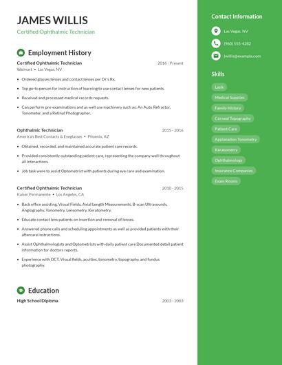Certified Ophthalmic Technician Resume