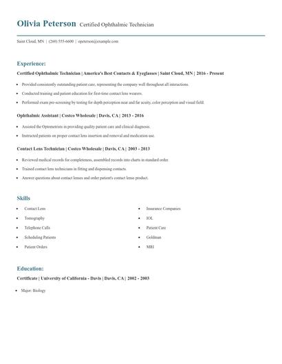 Certified Ophthalmic Technician Resume