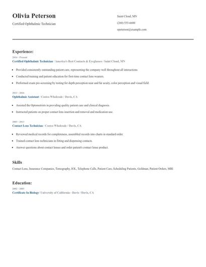 Certified Ophthalmic Technician Resume