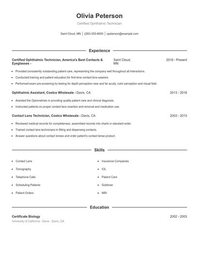 Certified Ophthalmic Technician Resume