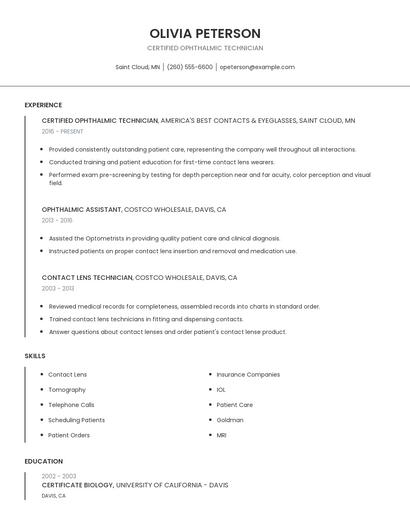 Certified Ophthalmic Technician Resume