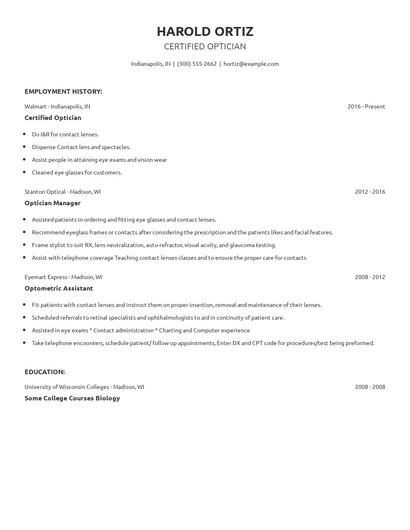 Certified Optician Resume