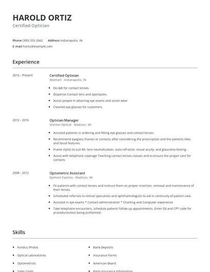 Certified Optician Resume