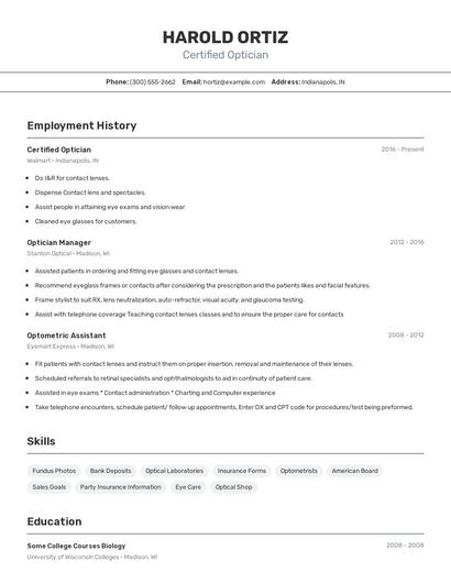Certified Optician Resume