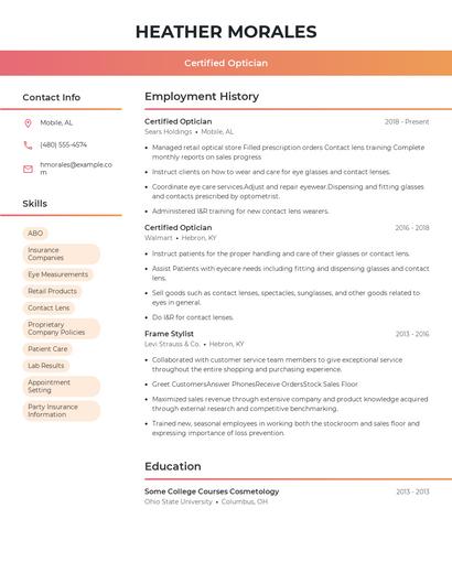 Certified Optician Resume